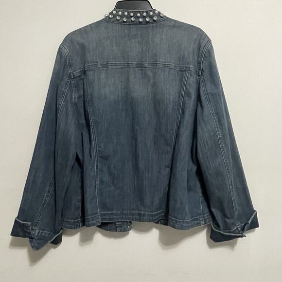 Chicos Platinum Denim Jacket Womens 3 Embellished Open Front Cuff Sleeves Pearls - Picture 3 of 10